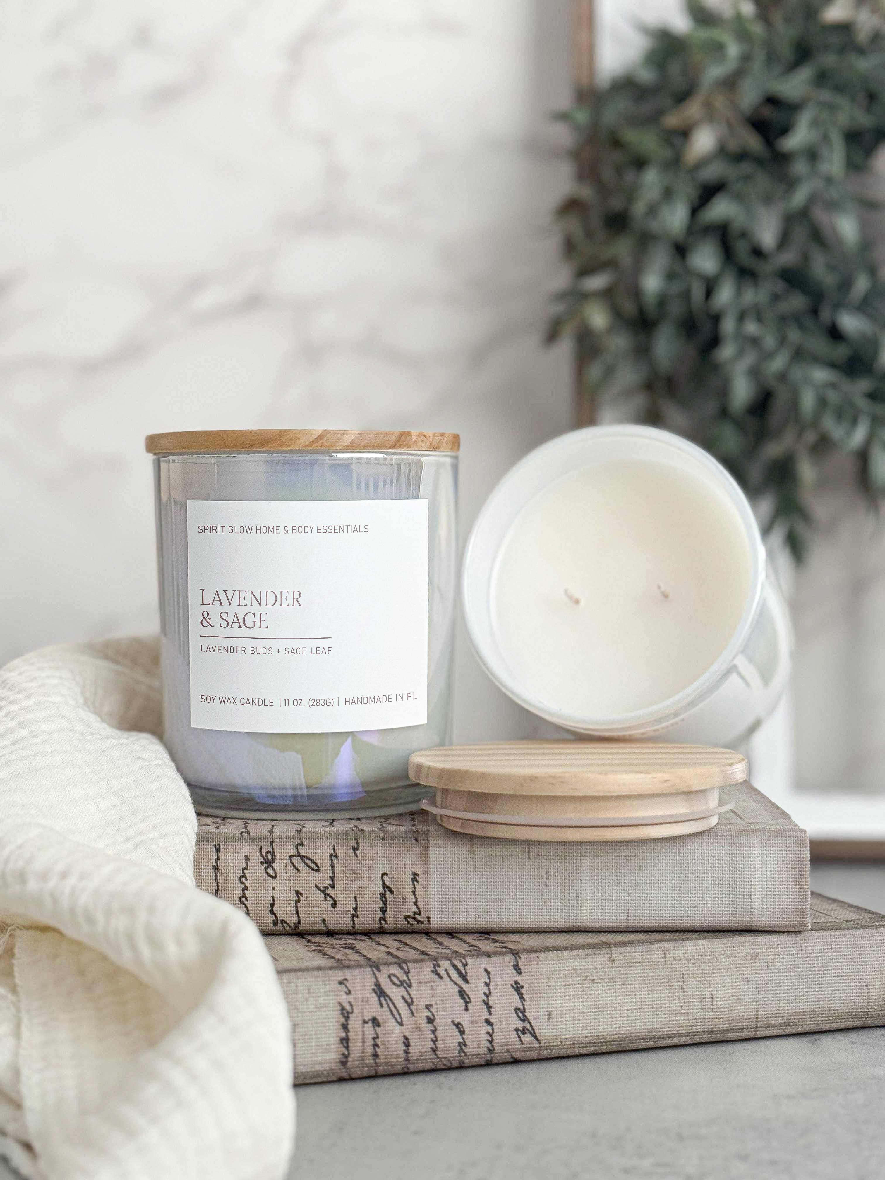 Lavender & Sage -11oz. Iridescent White Glass Soy Candle