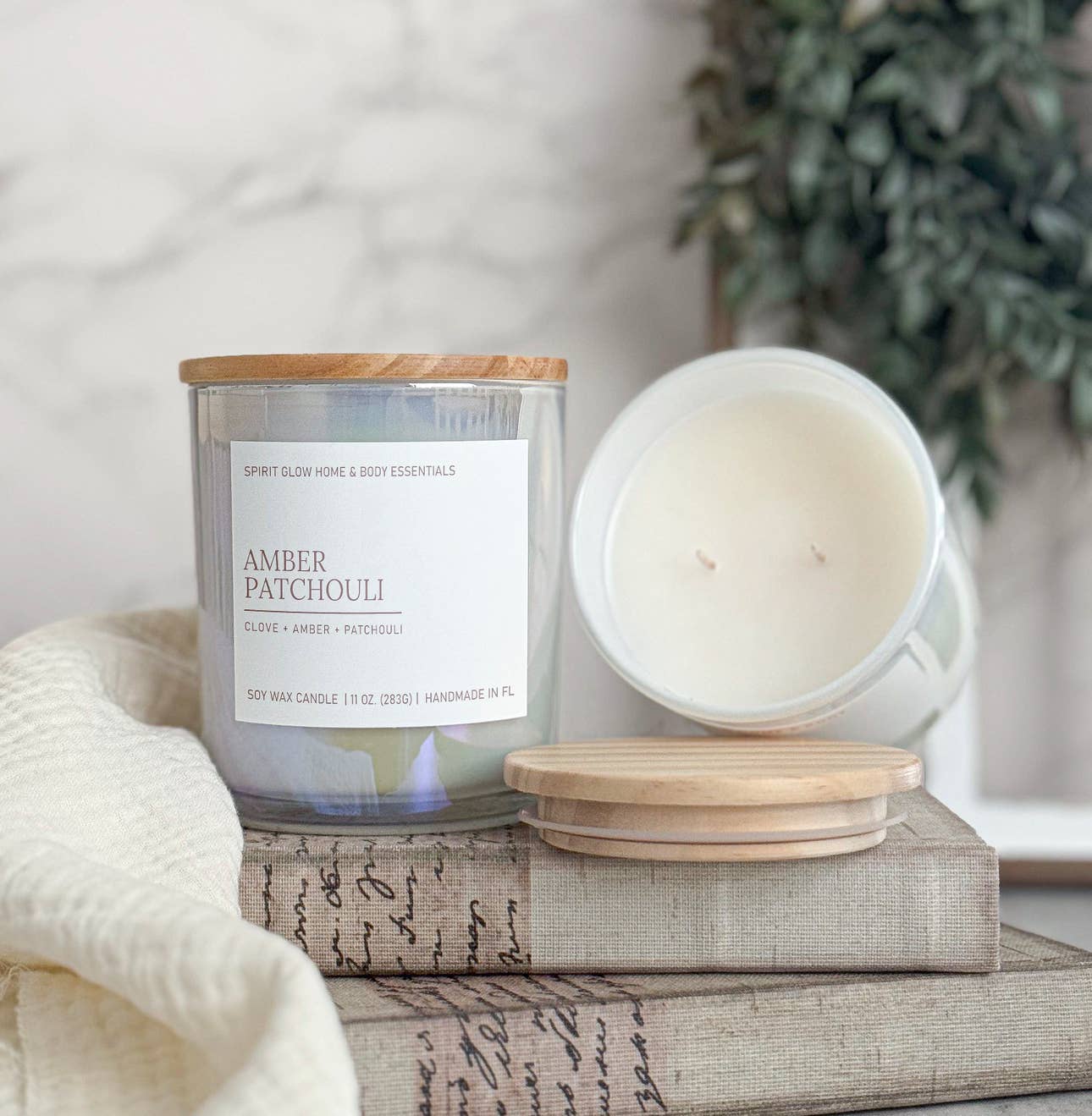 Amber Patchouli - 11oz Iridescent White Glass Soy Candle