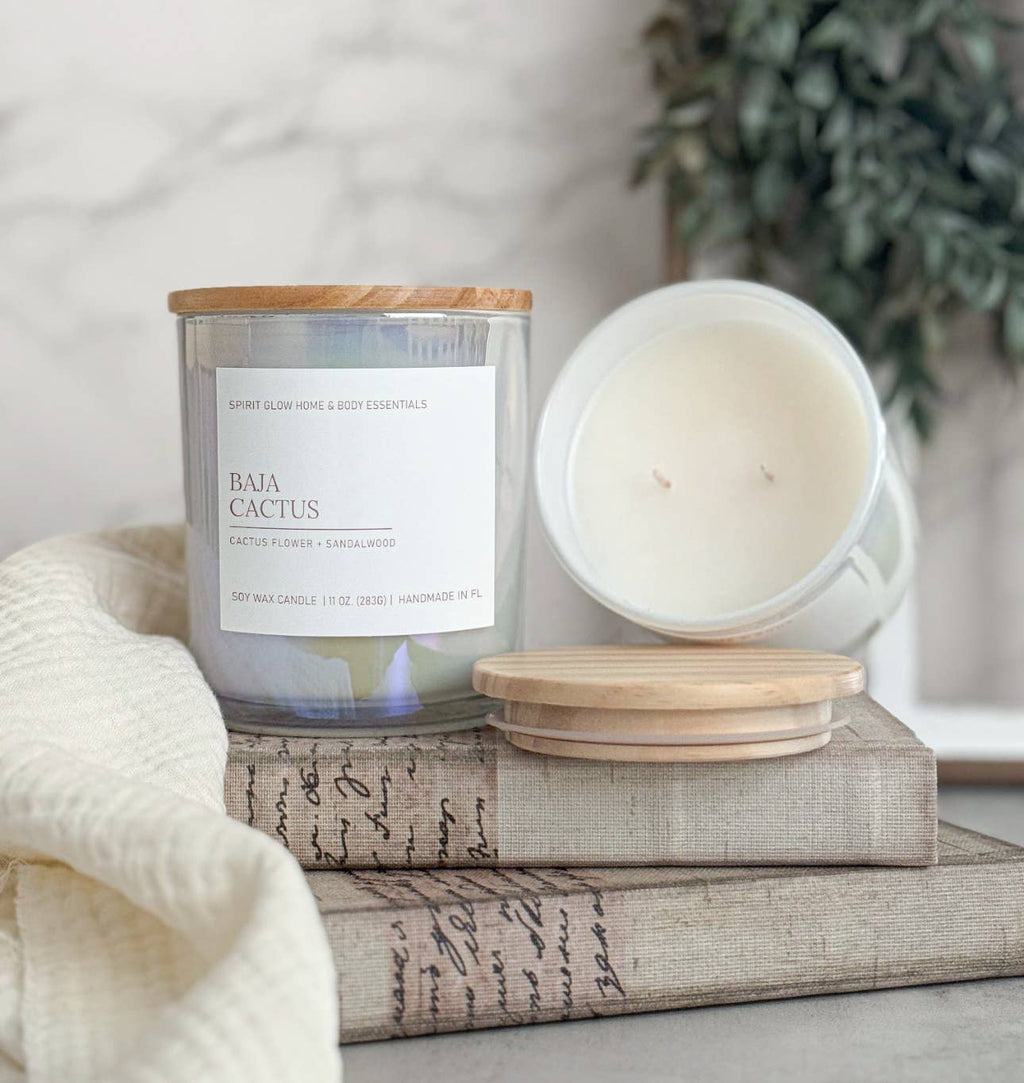 Baja Cactus - 11 oz. Iridescent White Glass Soy Candle