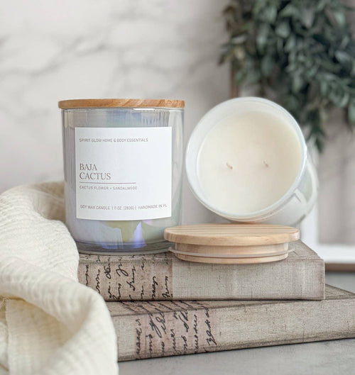 Baja Cactus - 11 oz. Iridescent White Glass Soy Candle