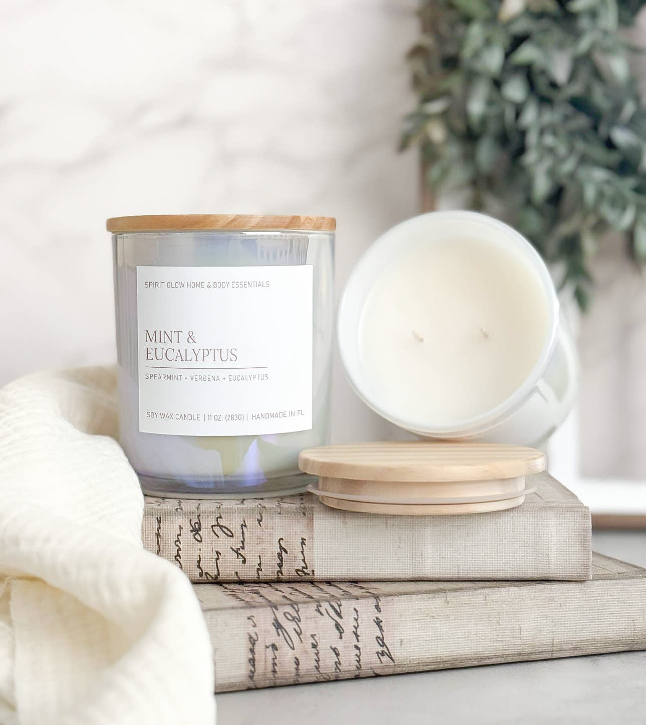 Mint & Eucalyptus - 11 oz. Iridescent White Glass Soy Candle